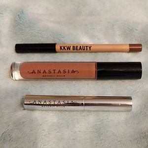 ABH Lipgloss, brow gel, and kkw nude liner